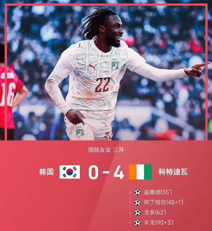 里程碑变“里程悲”！韩国队0-4惨败科特迪瓦，第1000场A级赛遭血洗后防形同虚