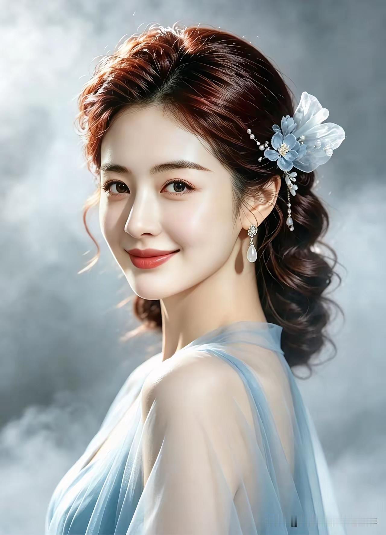 云鬓花簪映，轻纱拂面柔。