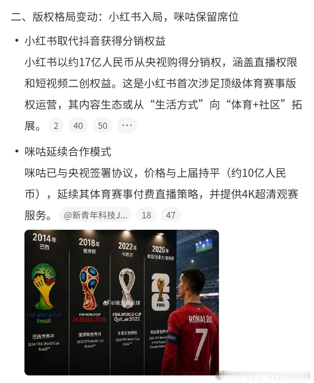 世界杯转播权抖音抖音退出，小红书入局，咪咕保留席位。其实手机软件里的央视频软件，