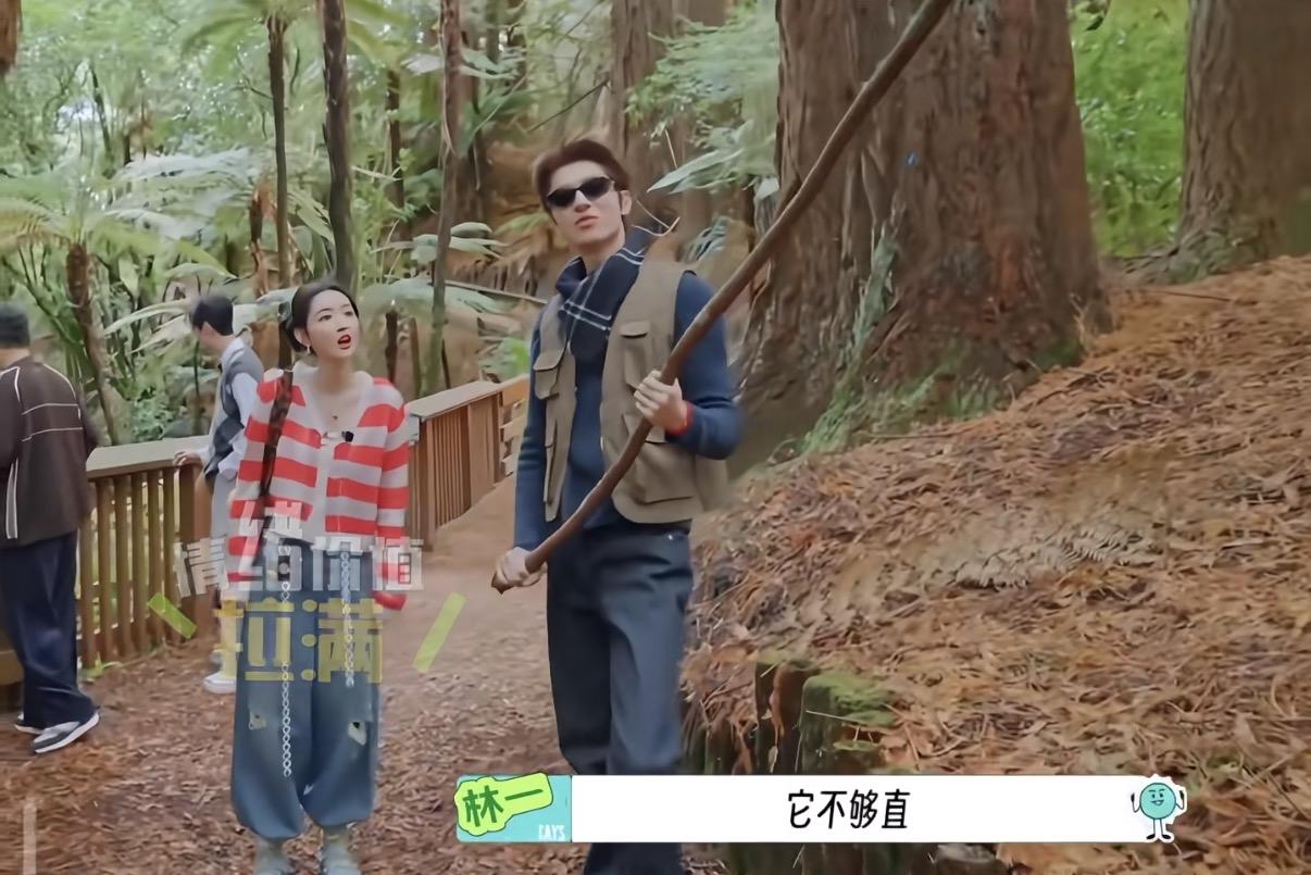 林一捡到了好长一根树枝，王玉雯情绪价值给足，夸林一捡到这么厉害一个树枝。林一谦虚