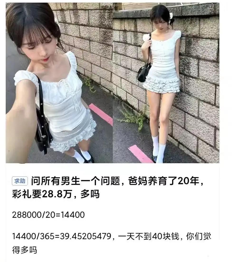 “我爸妈养育了我20年，彩礼要28.8万多吗？”近日，一女生的灵魂拷问让全网吵翻