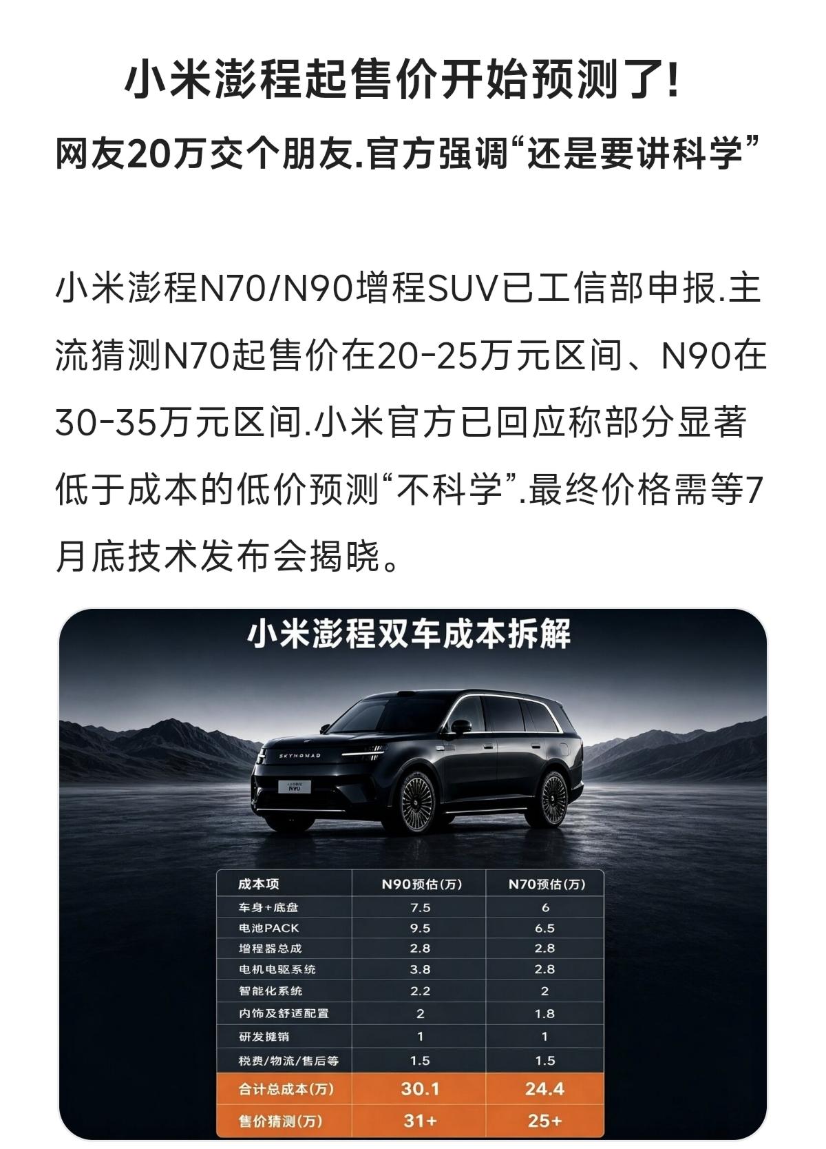 米澎程起售价开始预测了!网友20万交个朋友.官方强调“还是要讲科学”新能源汽车市