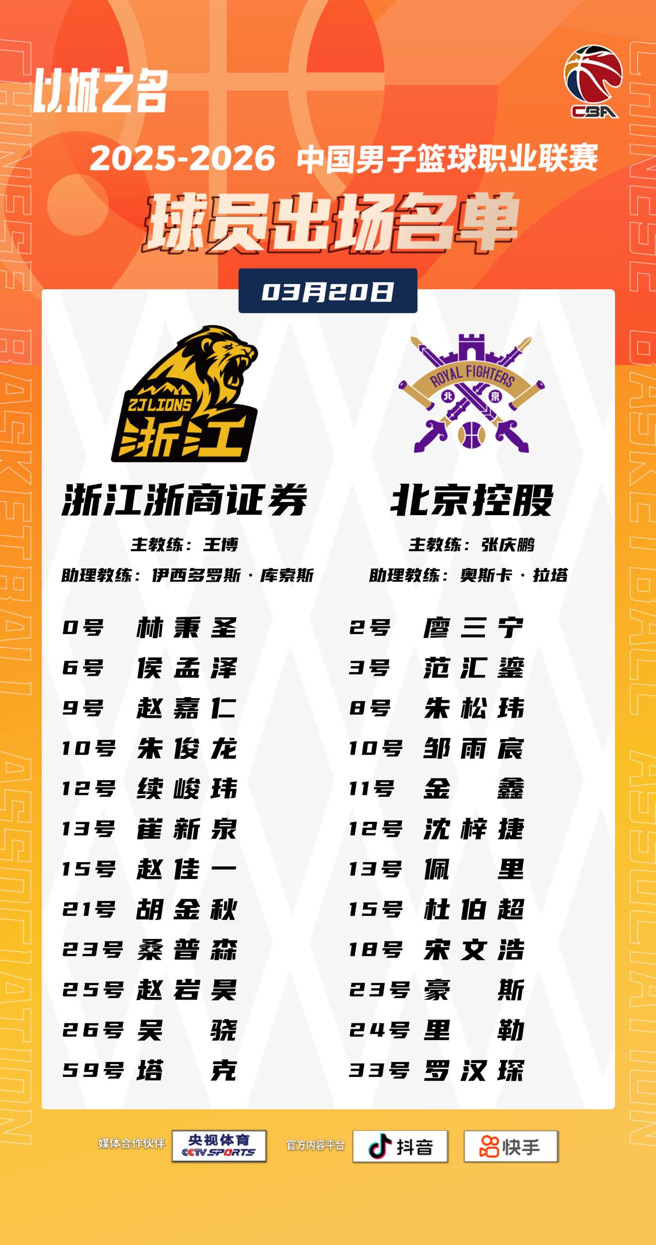 【大名单出炉】2025-2026赛季CBA联赛常规赛第二十八轮今晚开打，3场比赛