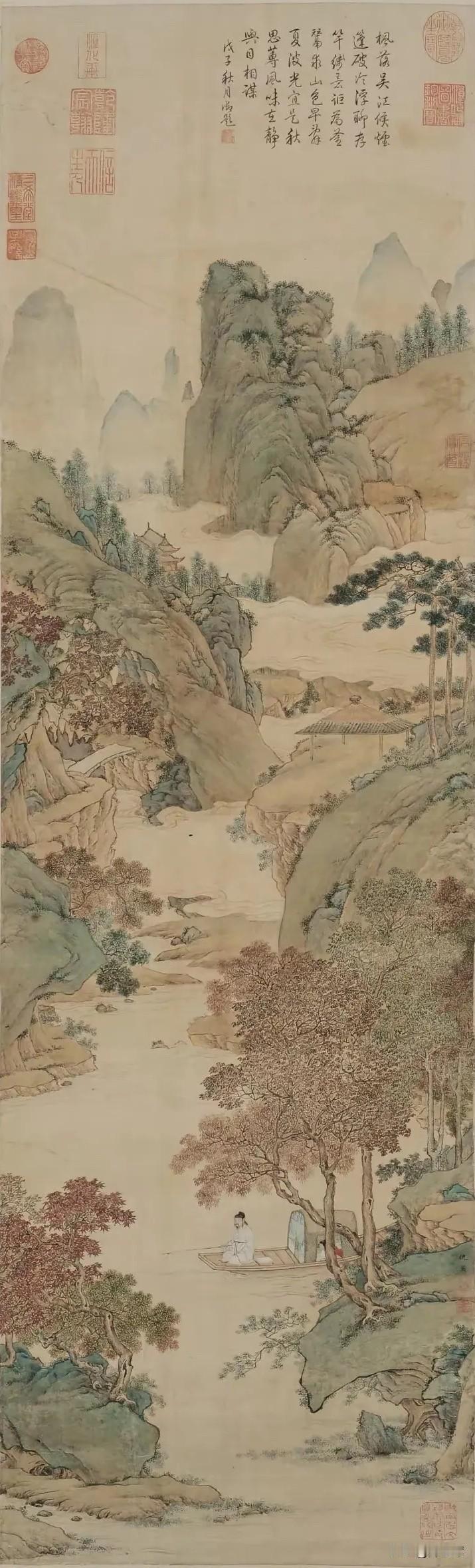 仇英的《枫溪垂钓图》。这幅绘画作品描绘了秋日枫溪旁，一位老者悠然垂钓的场景，氛围