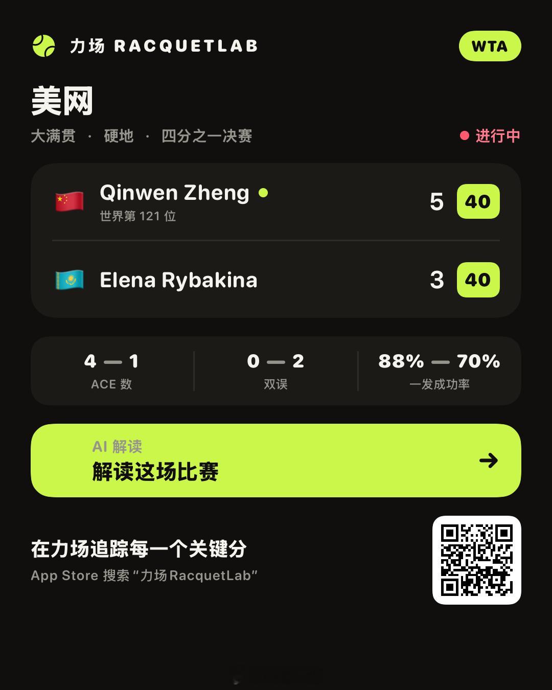 郑钦文vs莱巴金娜 ACE球保命，连续挽救盘点[赞] ​​​