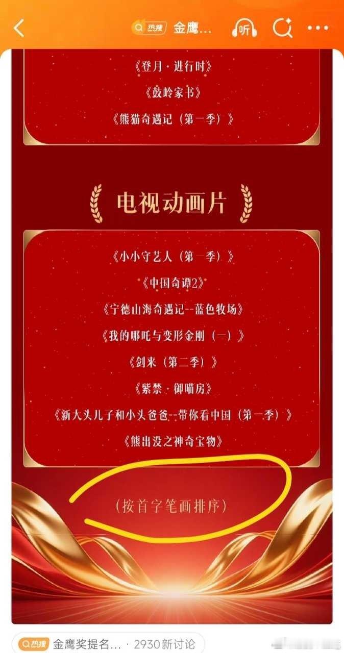 曝金鹰奖女主角临时加塞金鹰奖按首字笔画排序 网友发现金鹰奖女主名单按首字笔画排序