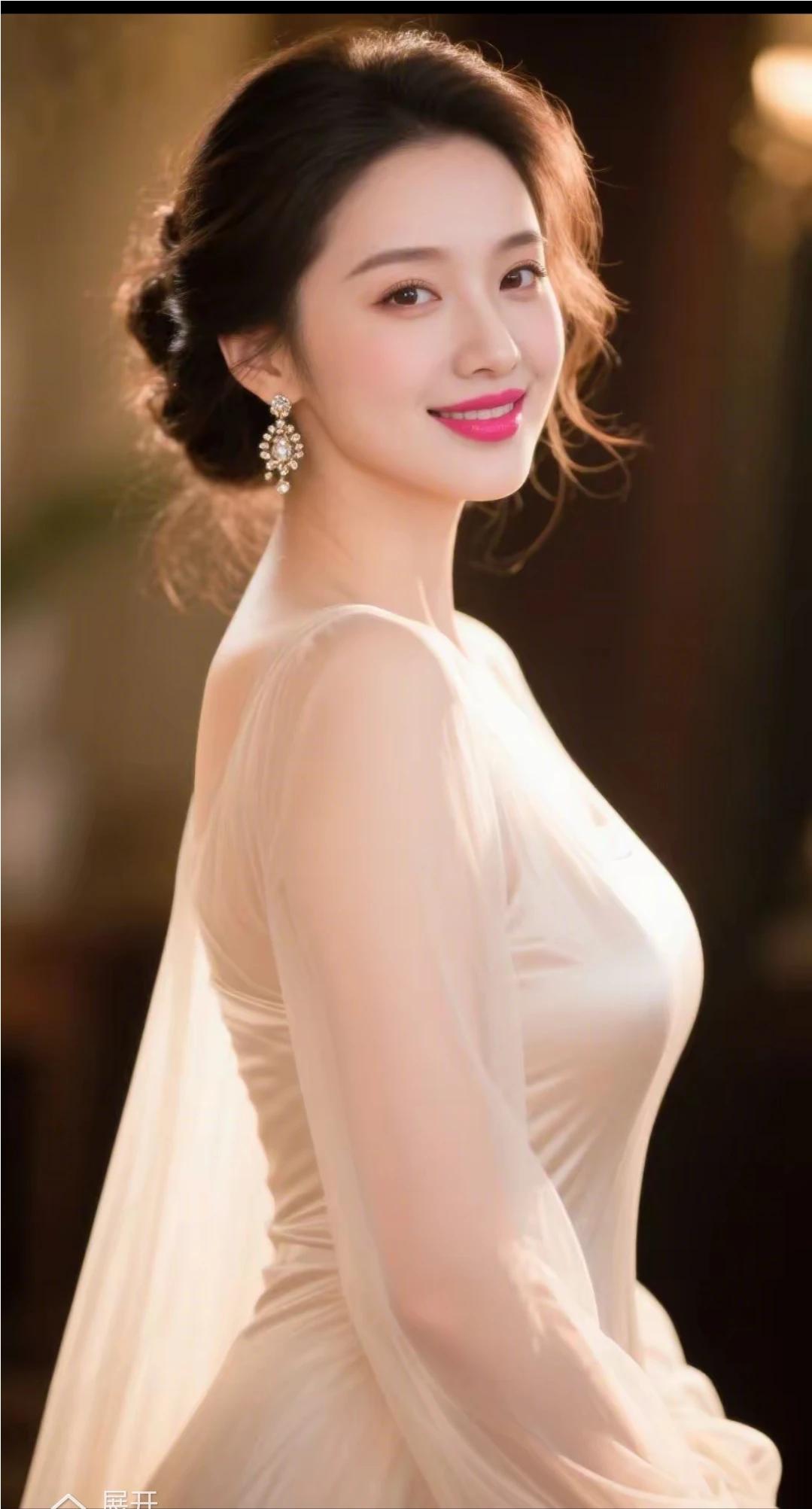 浅笑嫣然百媚生，
恰似春风拂柳轻。
眉似春山寒远黛，
眸若秋水映繁星。