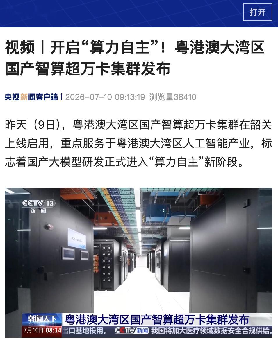 粤港澳大湾区国产智算超万卡集群今日上线启用该集群总投资 55 亿元，总计部署 1