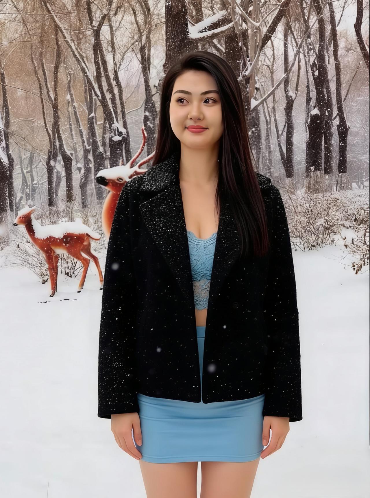 残雪覆平芜，倩女出画图。
蓝裙凝晓露，素手弄寒珠。
眼波横远岫，眉黛蹙平湖。
东