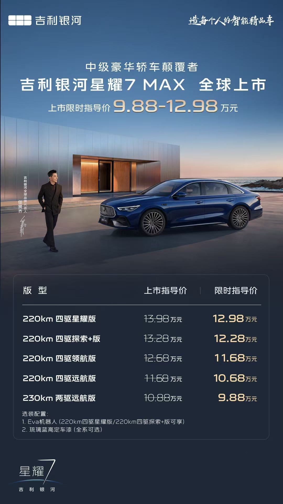 吉利银河星耀7 MAX上市，限时先享价9.88万元起。定位中级豪华电混轿车，拥有
