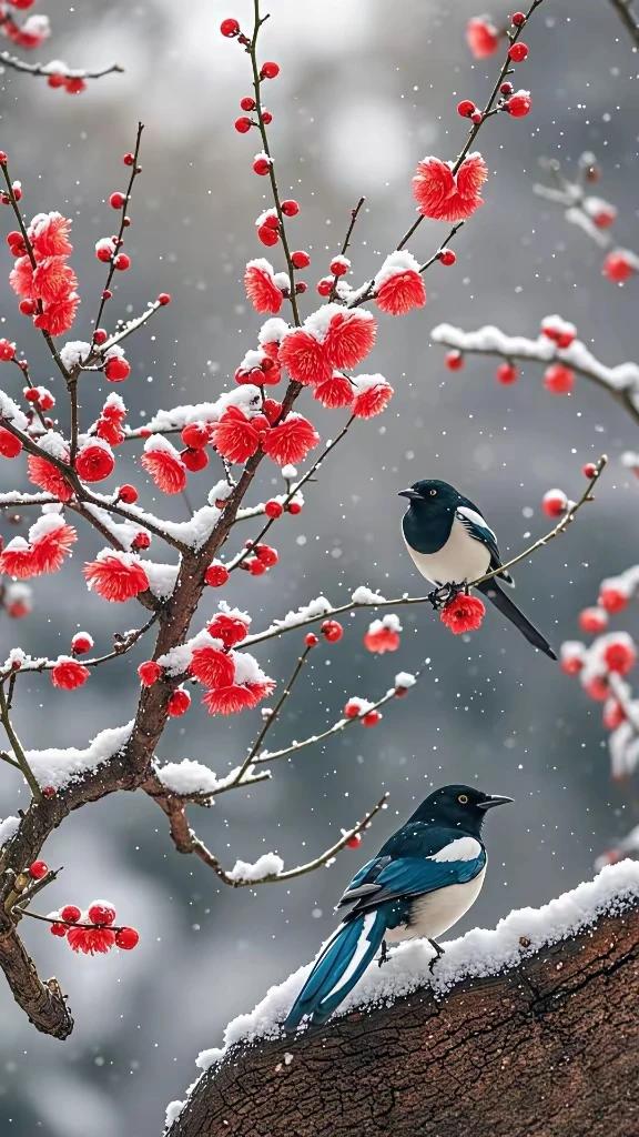 墙角数枝梅，
凌寒独自开。
遥知不是雪，
为有暗香来。