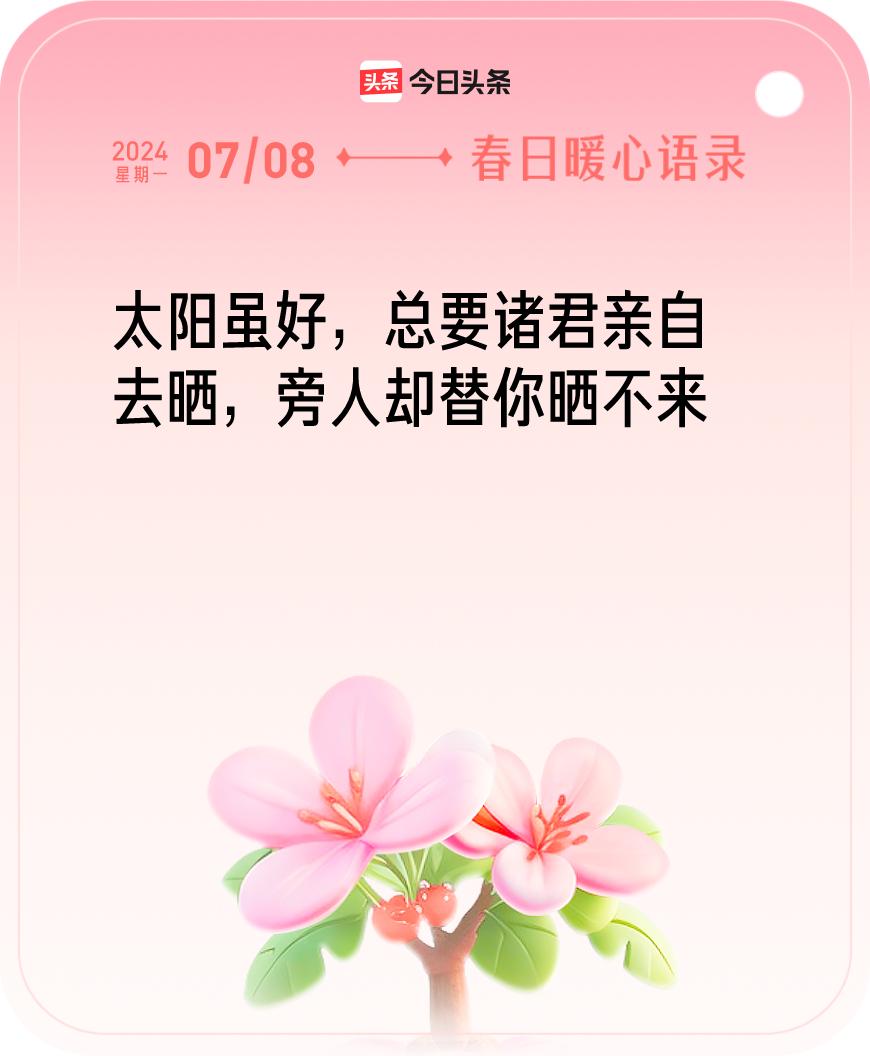 今日暖心语录我抽到的暖心语录为：太阳虽好，总要诸君亲自去晒，旁人却替你晒不来🔗