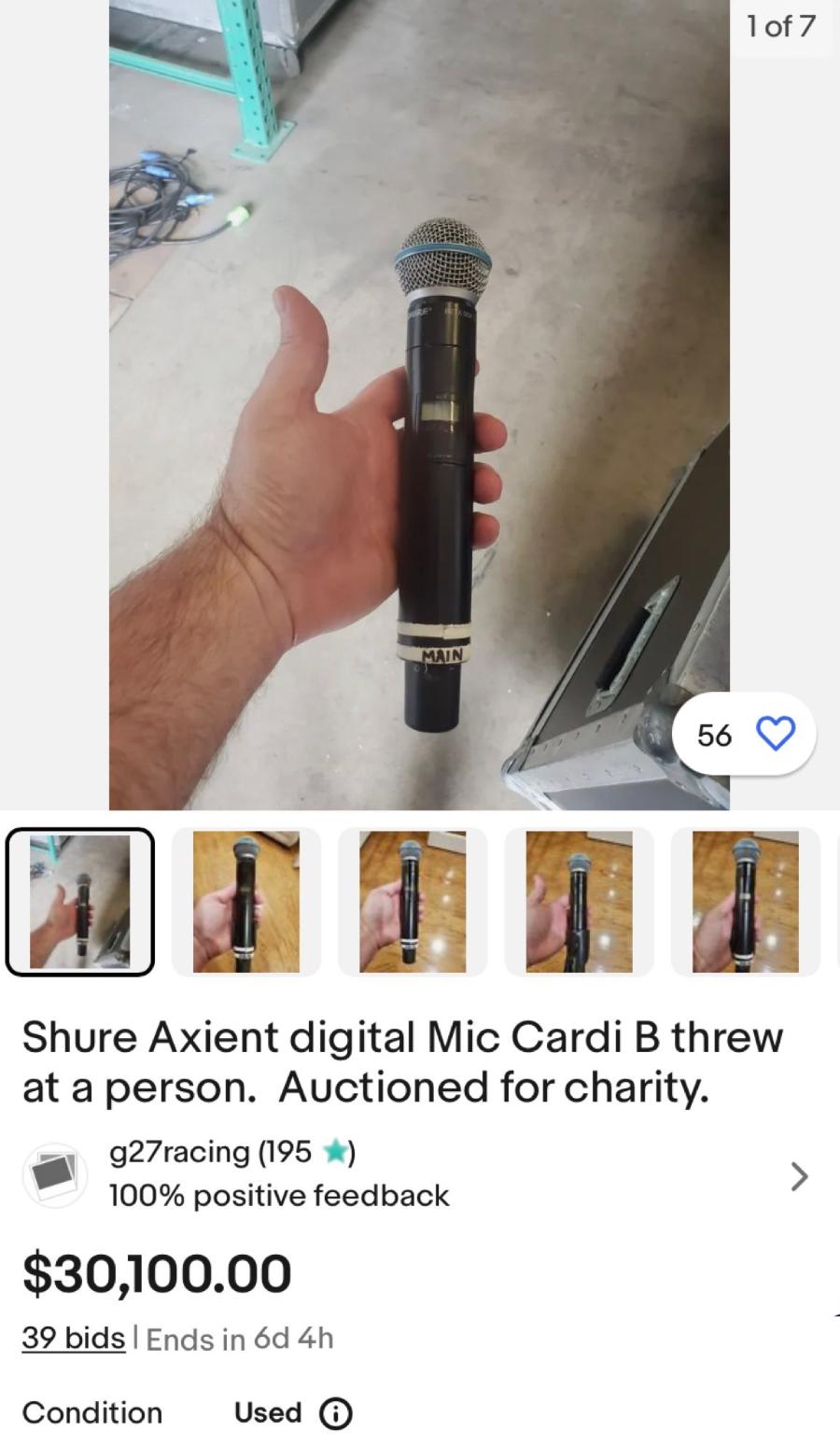 Cardi B 砸向观众的话筒被拍卖！
目前拍卖3万美元。
这个话筒就是前不久 