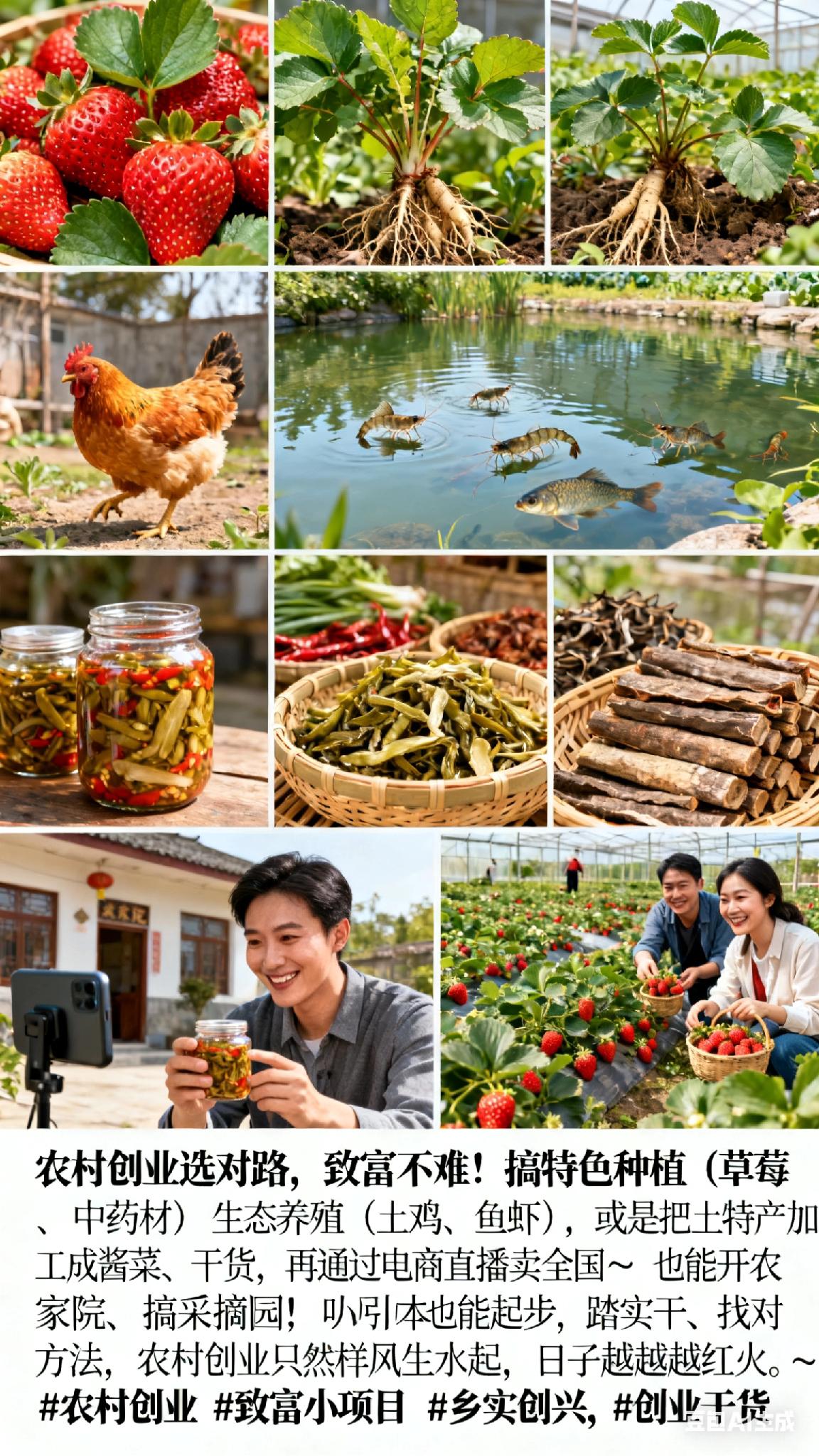 农村创业选对路，致富不难！搞特色种植（草莓、中药材）、生态养殖（土鸡、鱼虾），或