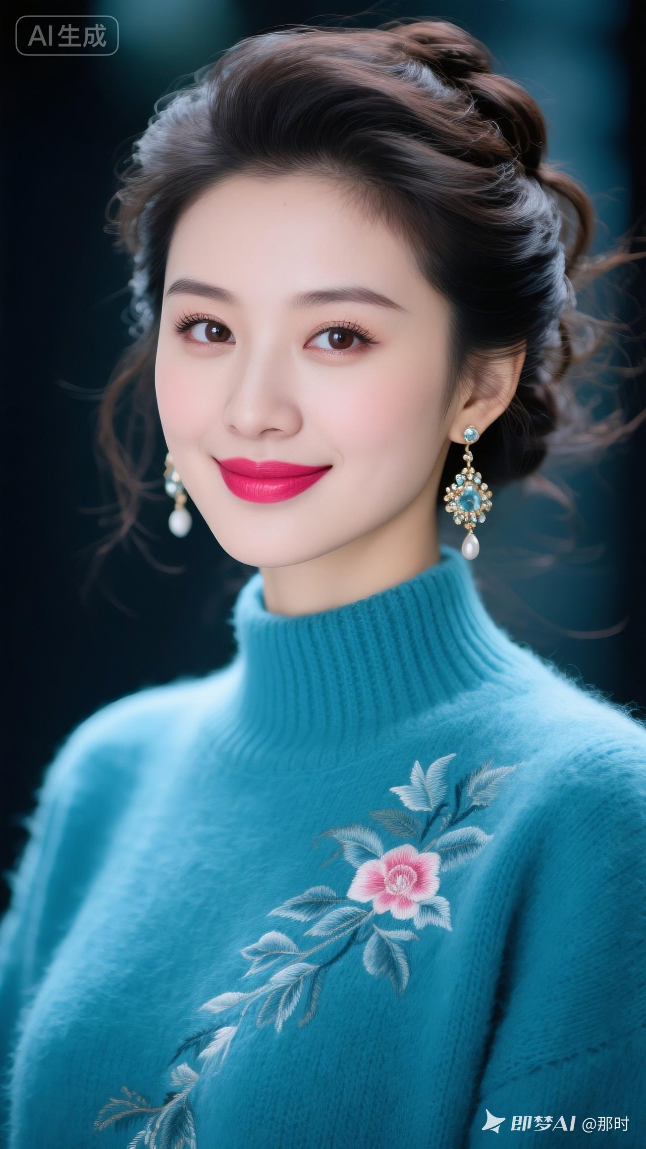 优雅蓝调毛衣搭配精致耳饰，尽显温柔魅力！💕