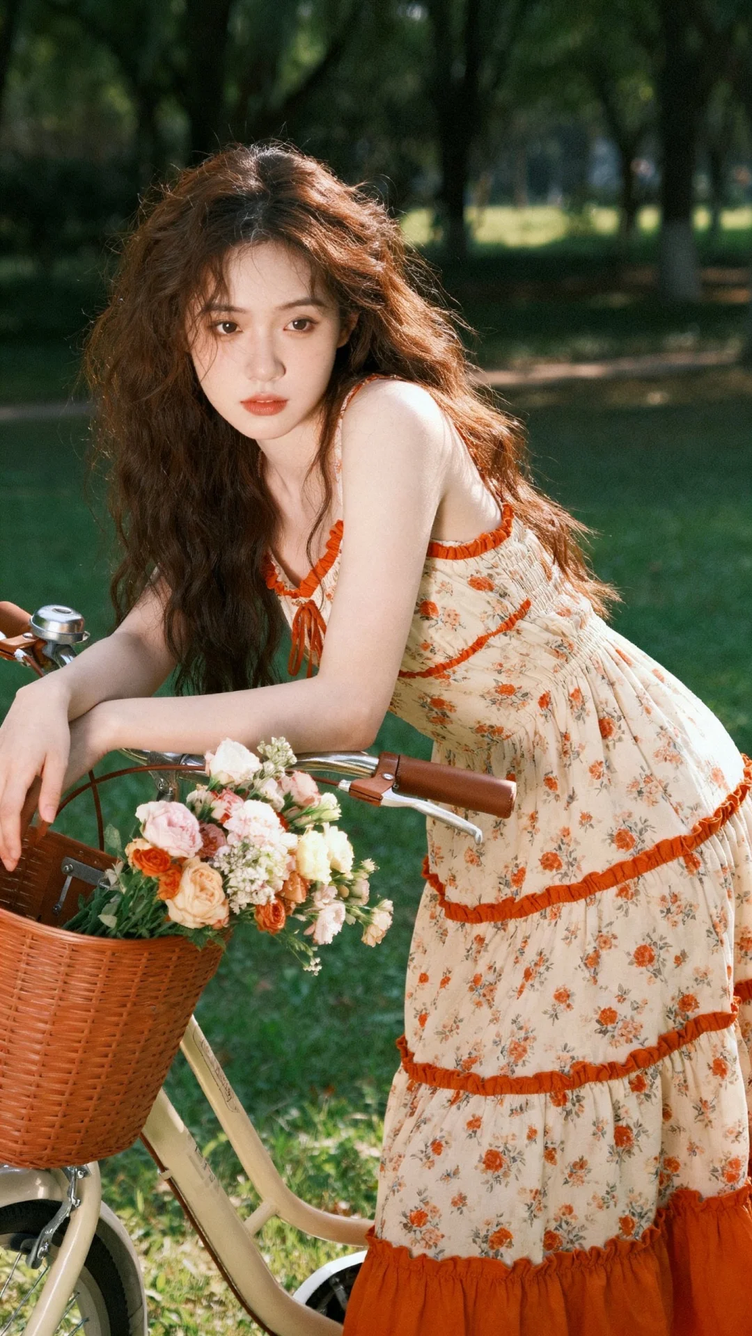 唯美少女写真，近照，东亚美少女，棕色长卷发，瓷白皮肤，冷白皮，慵懒发丝...