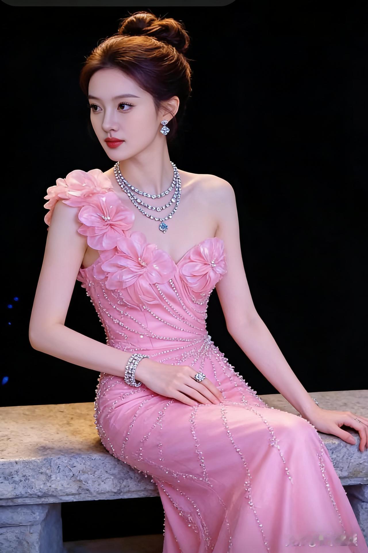 高挑美女身着粉色单肩露背长裙，叠戴多层项链与精致耳坠，端坐石台，身微左转，右手搭