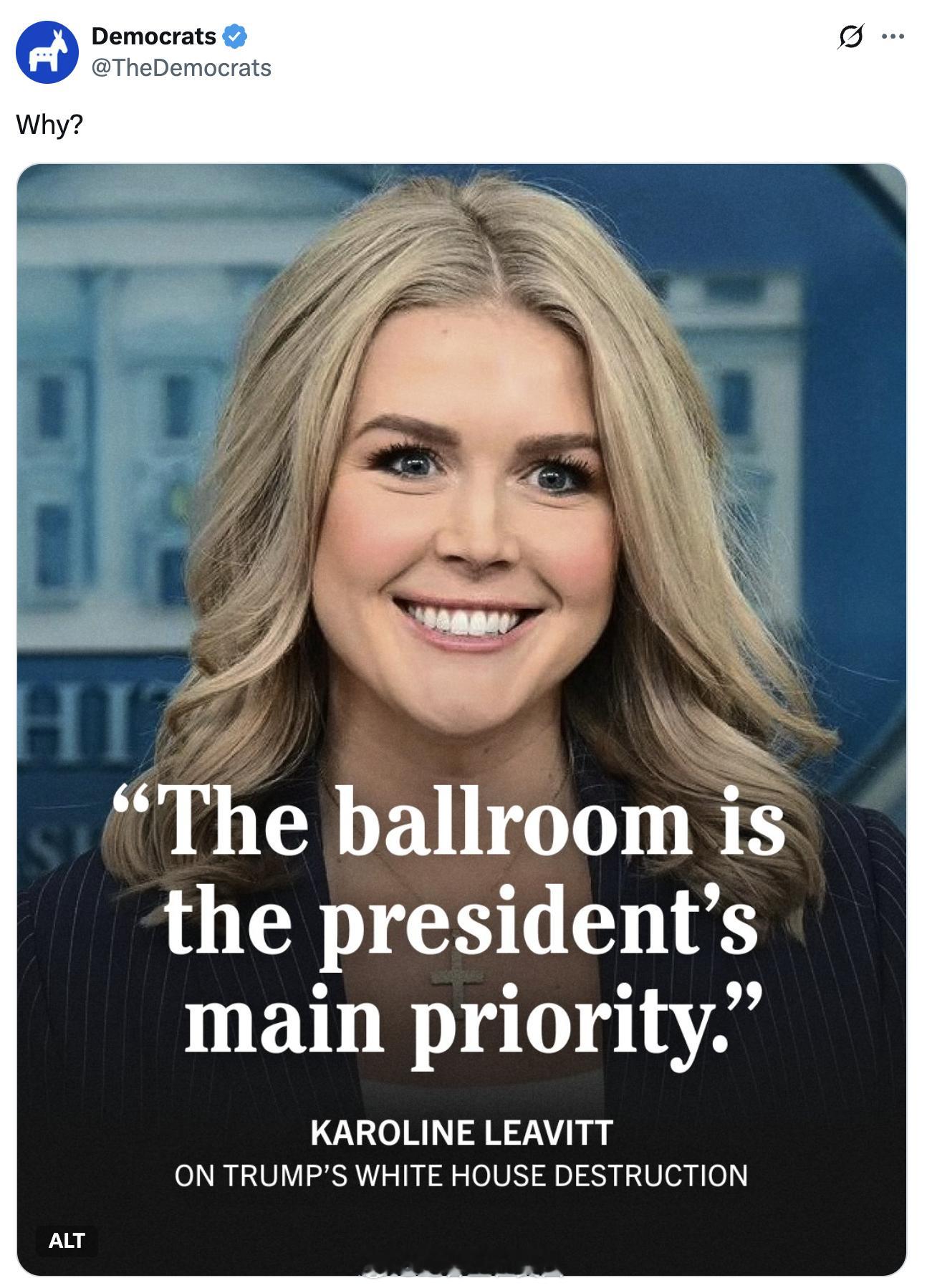 民主党给白宫发言人Karoline Leavitt 弄了个海报，引用她的话说：“