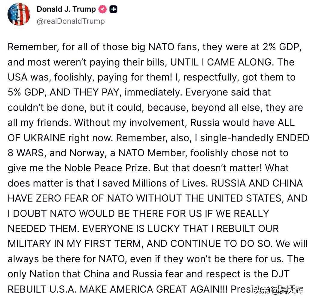 【特朗普：中俄两国唯一畏惧且真正尊重的国家，就是经我一手重振的美国】
 
特朗普