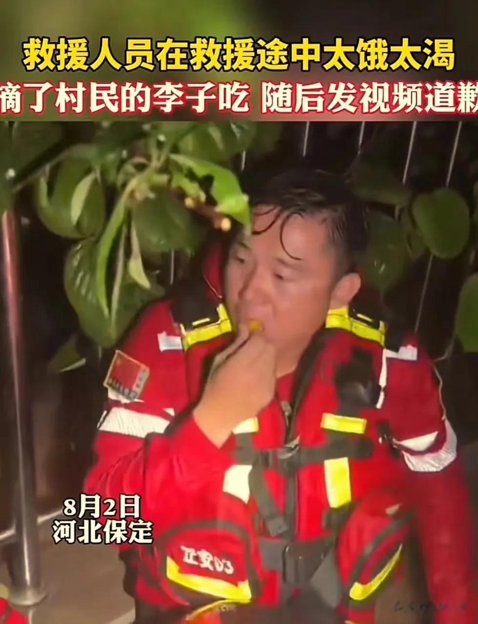泪目！河北保定，救援人员因为太饿太渴，就摘了村民的2颗李子吃！但是吃完感觉内疚自