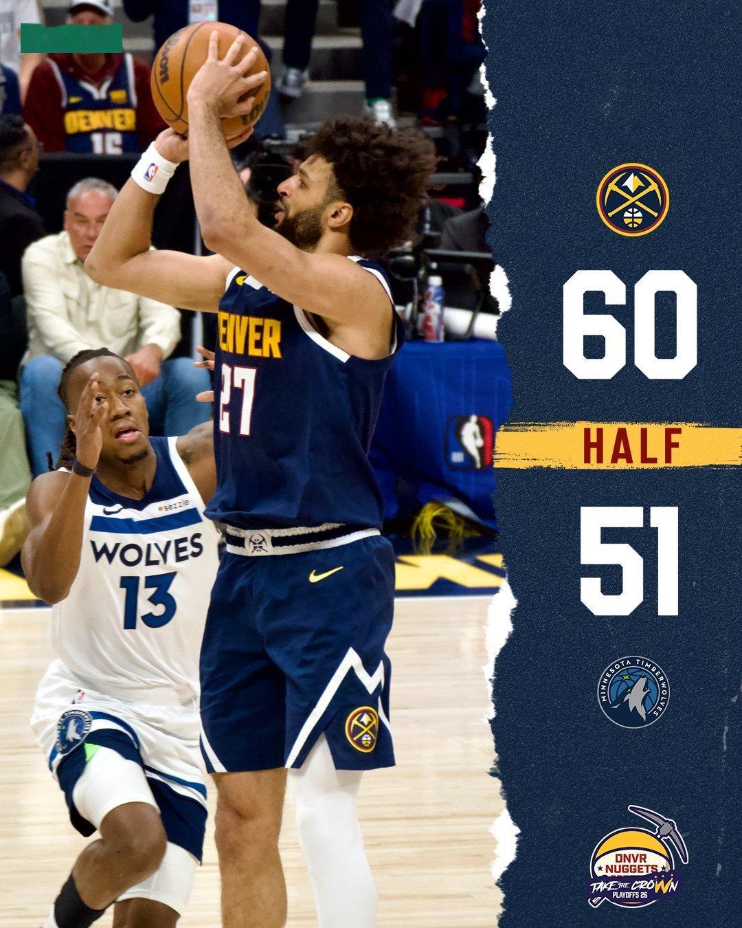 约基奇投中个人最近6节比赛的第一记三分，半场13分10助攻6篮板0失误。过去两场