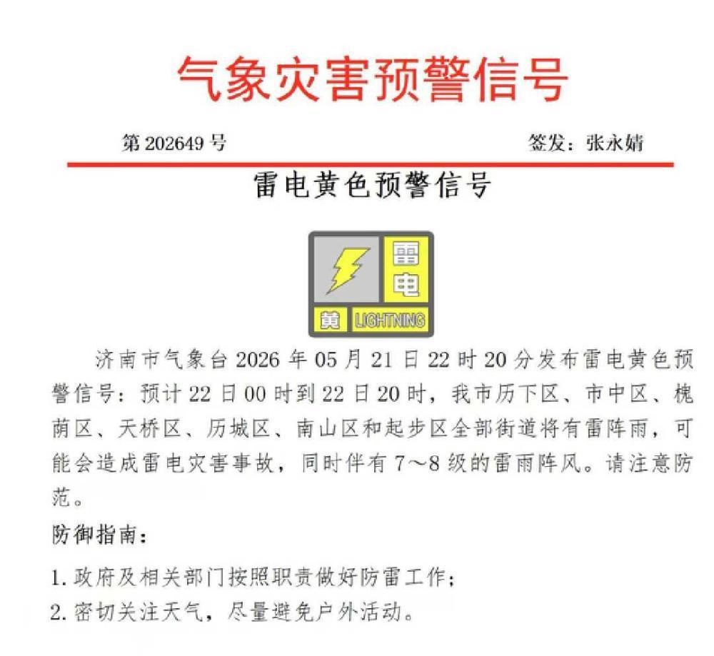 济南市气象台2026年5月21日22时20分发布雷电黄色预警信号：预计22日00