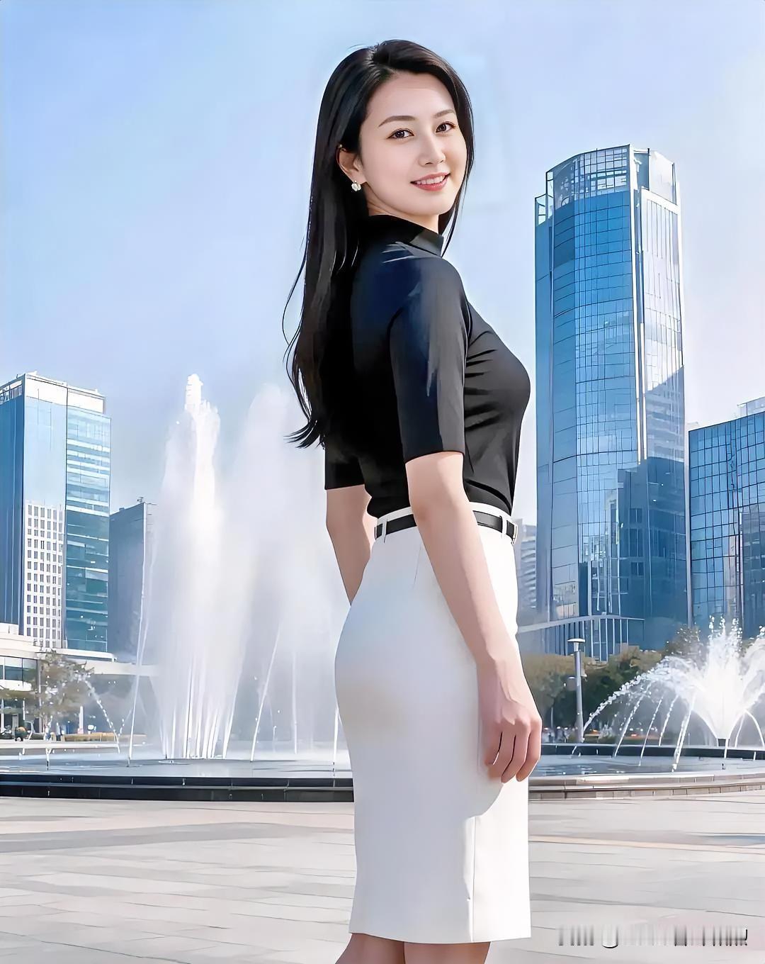 摩天楼宇间，喷泉如银练飞舞。她身着黑白经典，回眸一笑，绽现自信锋芒。那份从容与干