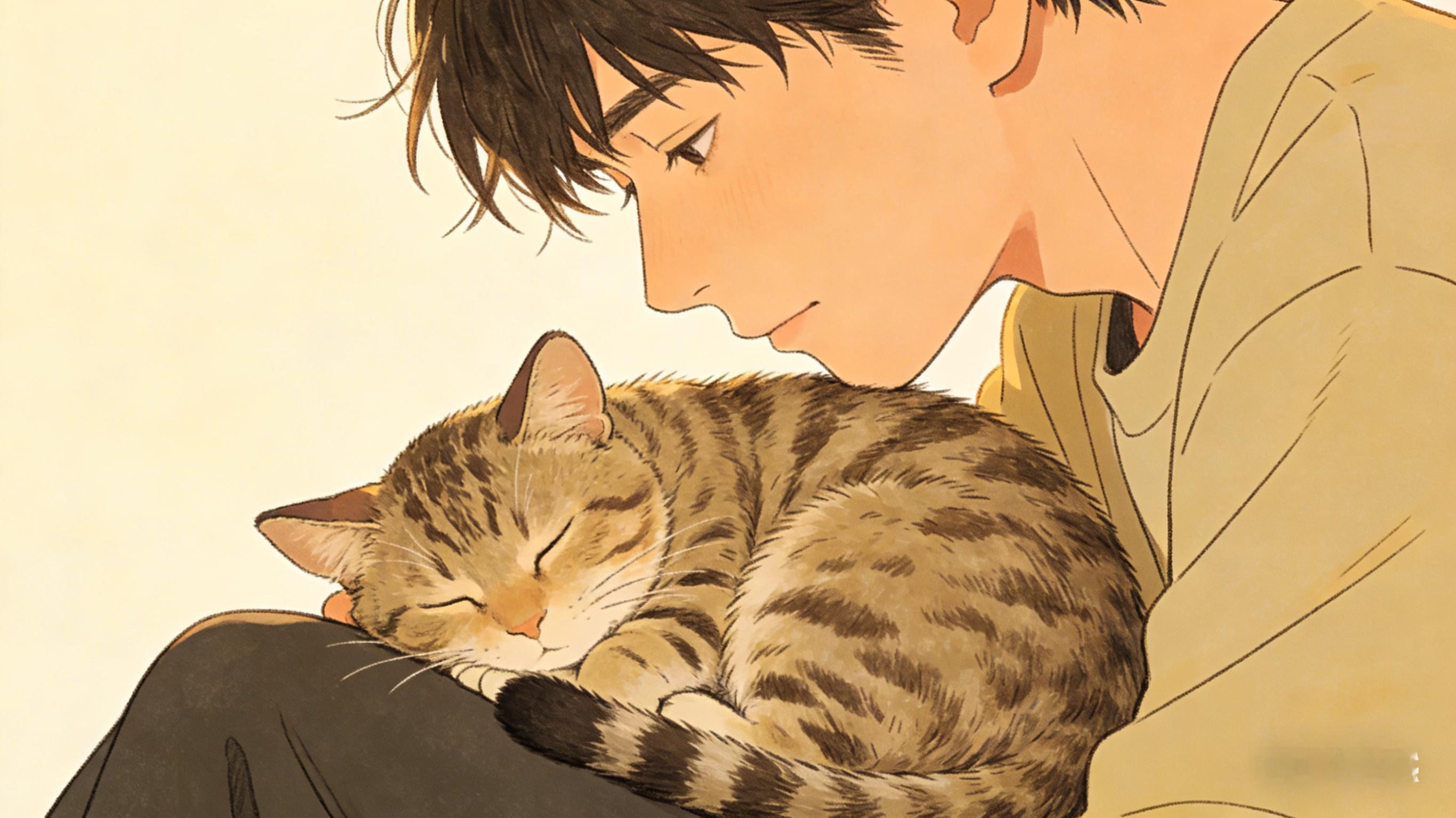 狸花猫趴在陌生男子腿上甜甜入睡 能多点这种给温顺的小猫小狗进店吃饭的店铺就好了。