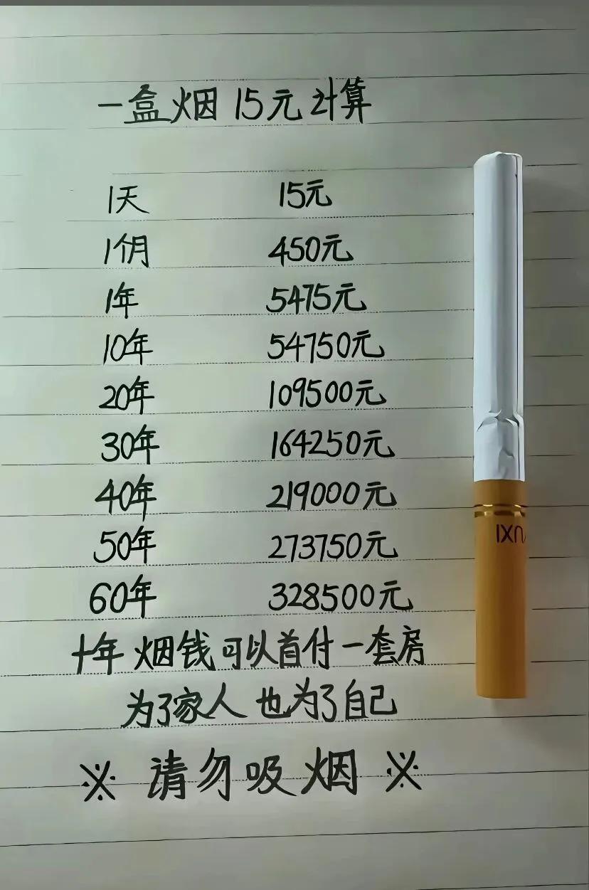 不算不知道，一算吓一跳。一支烟的代价，竟是一套房的首付，为了家人，也为了自己，尽