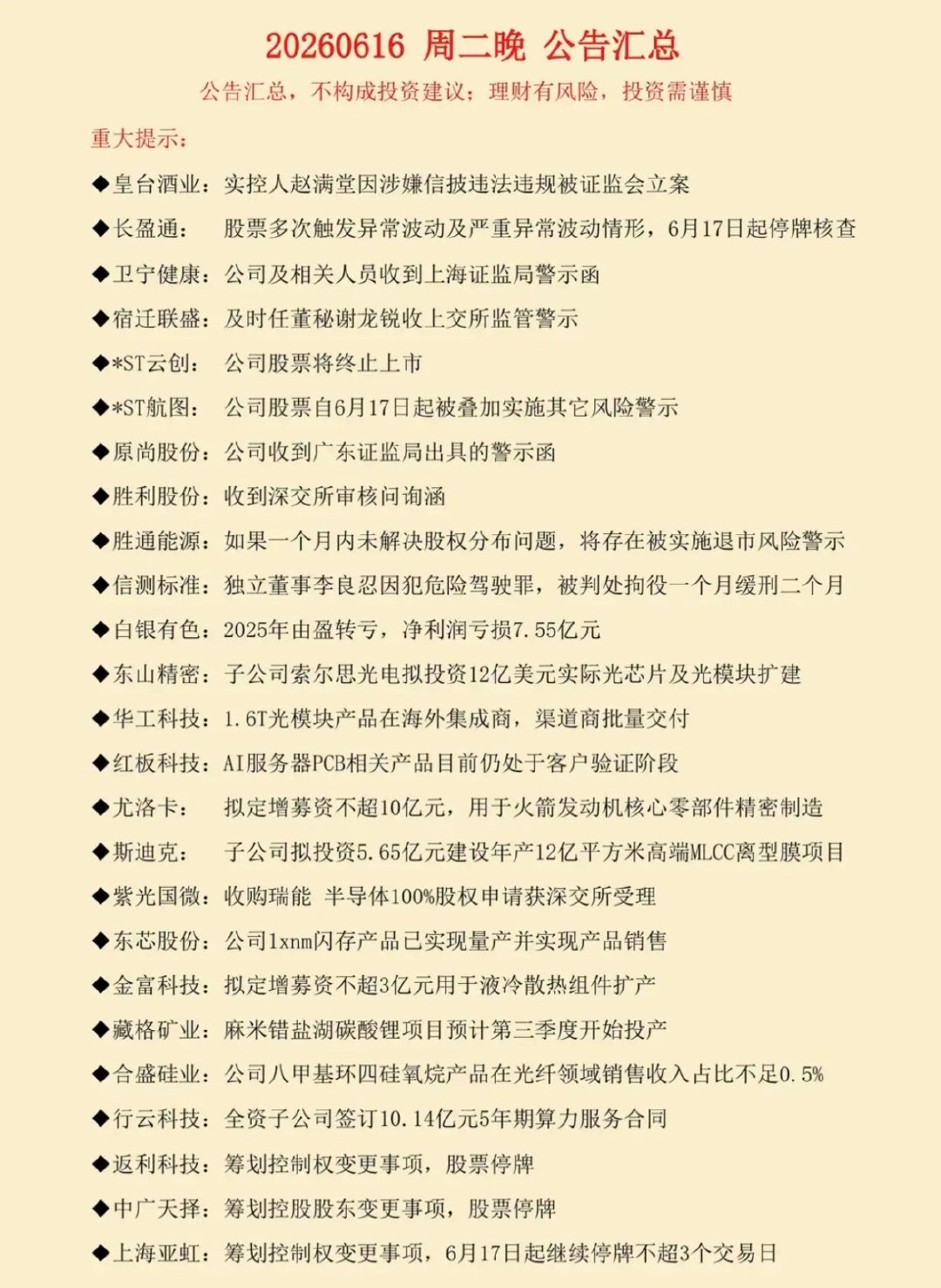6.17周三  盘前：财经热点+公告精选！皇台酒业：被立案调查！原尚股份、胜利股
