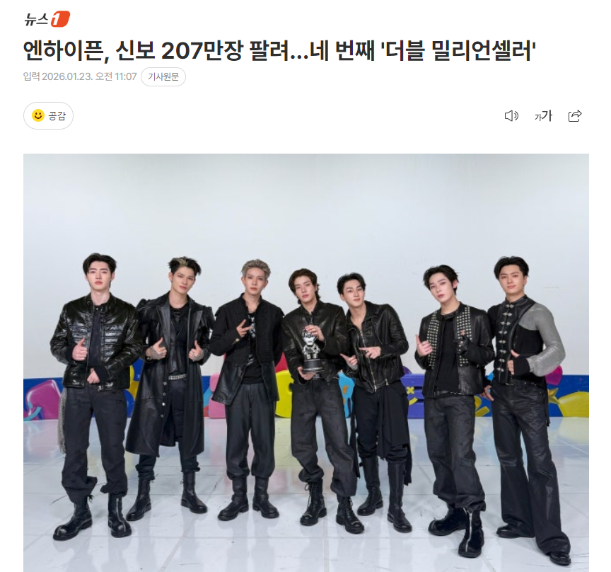 ENHYPEN新专初动达207万张，第4次达成双百万销量23日，据专辑销量统计网