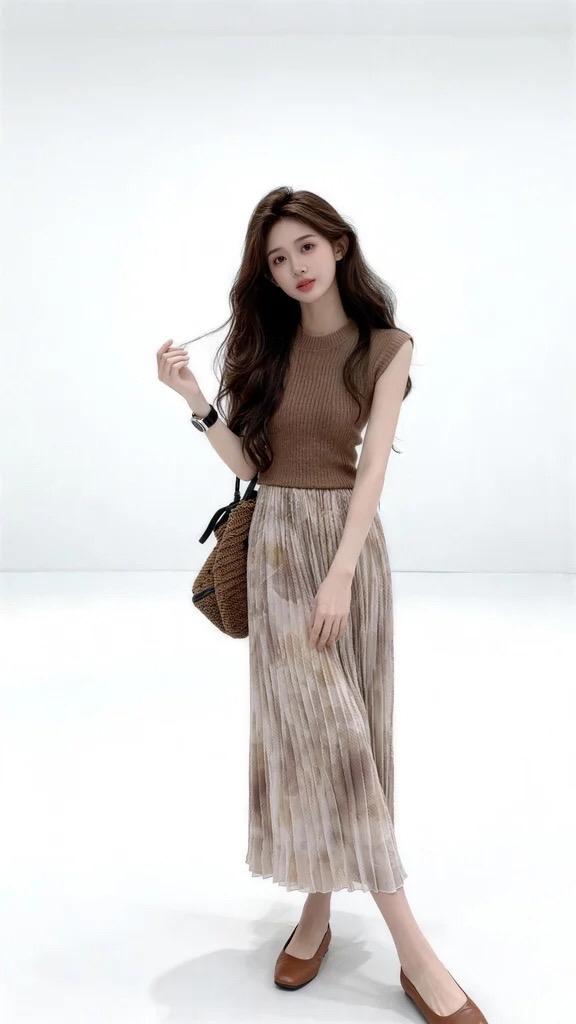 棕色连衣裙穿搭灵感 棕色格子裙穿搭 温柔风网纱褶皱半身裙 百搭花苞裙高腰显瘦 高