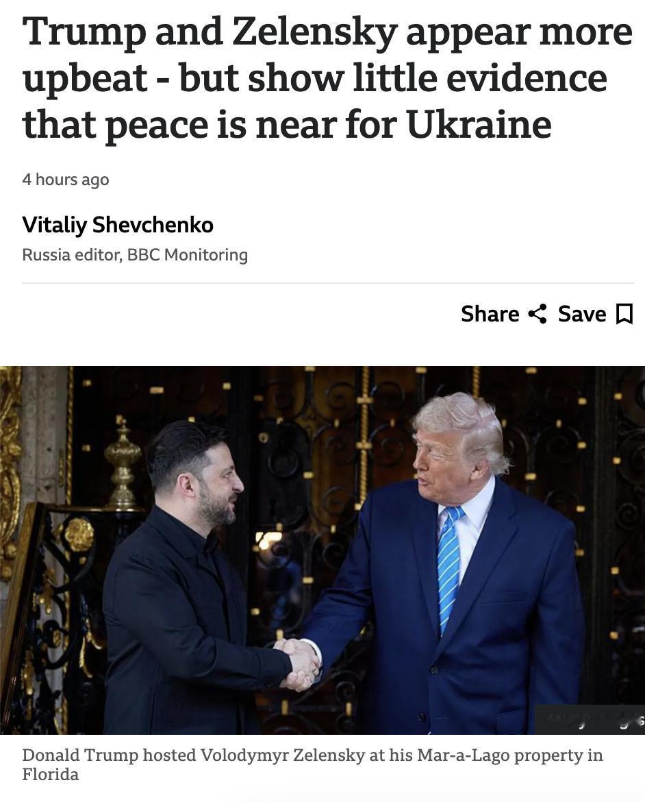 英媒：特朗普与泽连斯基态度更乐观，但乌克兰和平仍无迹象。

特朗普在佛州海湖庄园