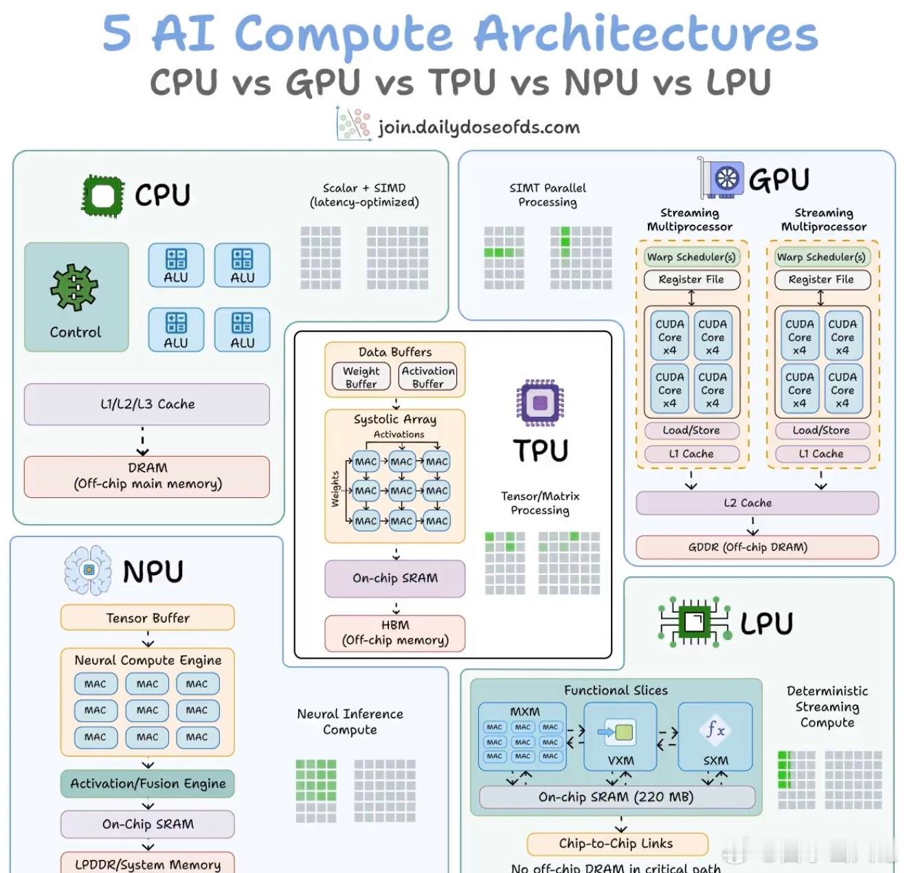 CPU vs GPU vs TPU vs NPU vs LPU，视觉化解释：5 