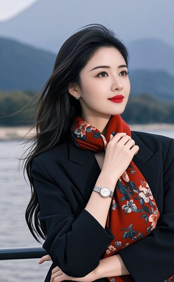 上联：黑衫裁风，红巾缀花映腕
下联：长鬓掠波，远山衔色衬容