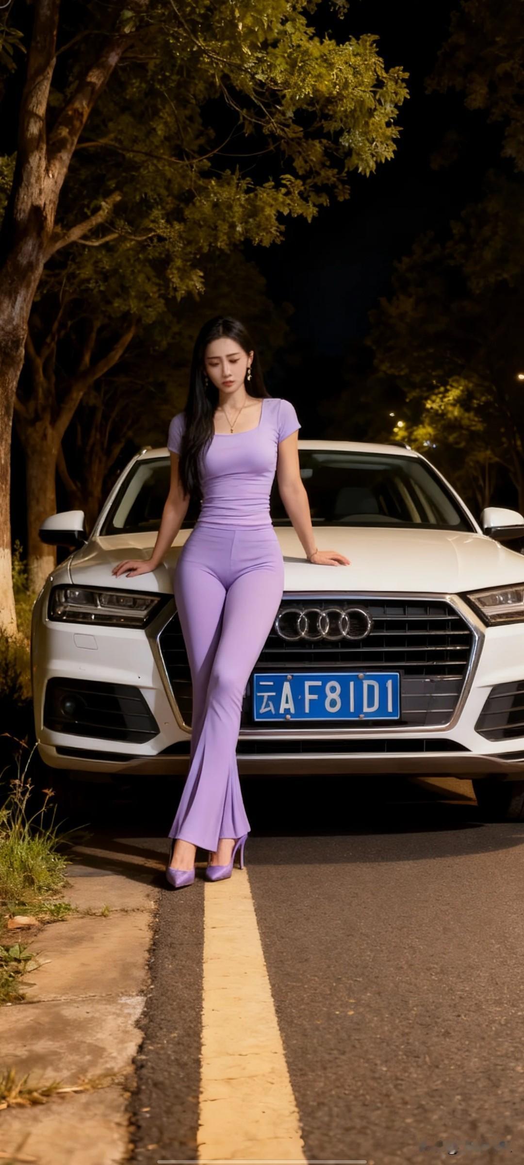 紫色是不是太鲜艳了？
紫衣美人倚车旁，
夜色如墨映长街。