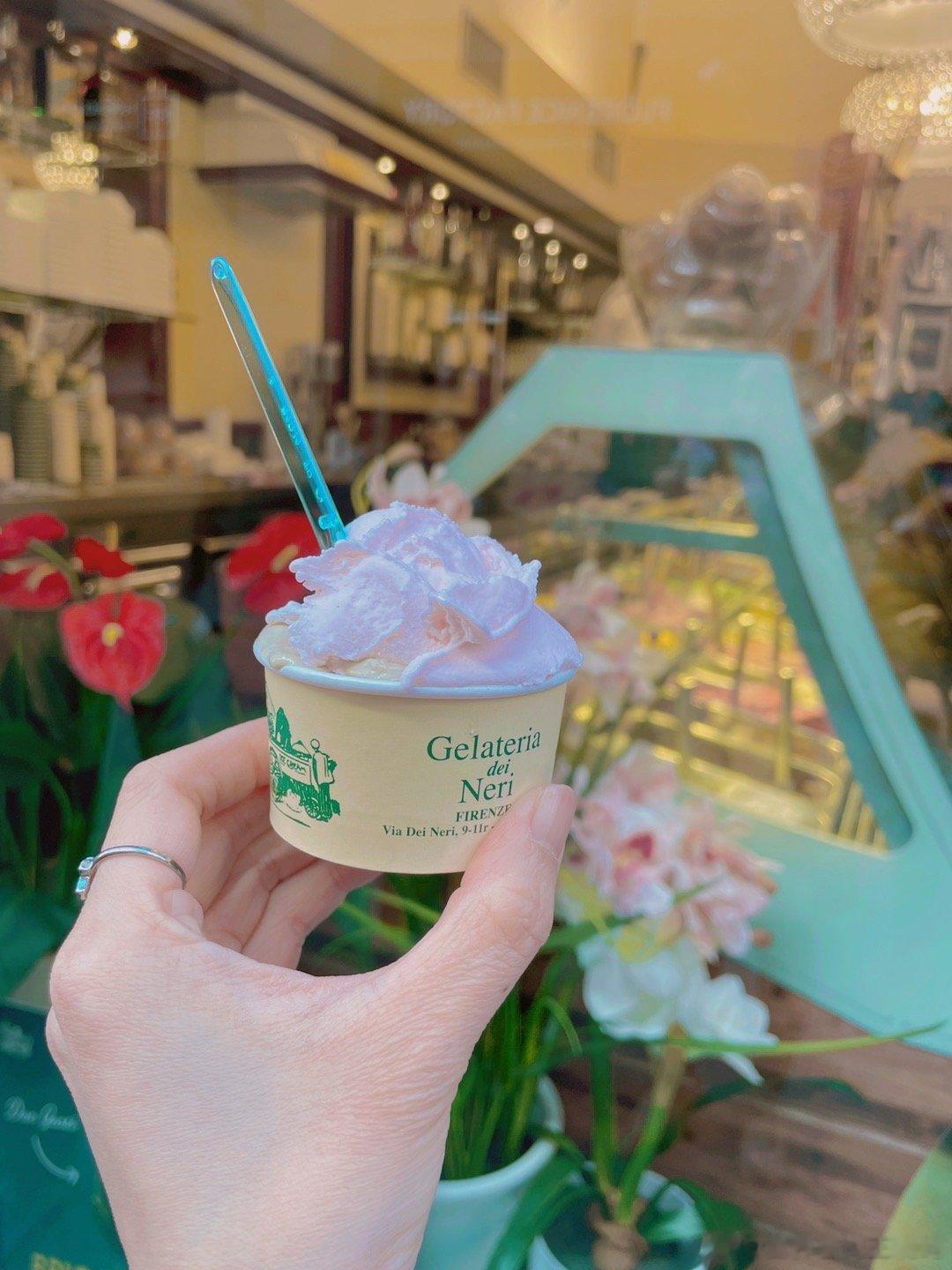 佛罗伦萨满大街都是卖冰淇淋的小店，吃到了开心果味和玫瑰花味的冰淇淋！超精致一杯合