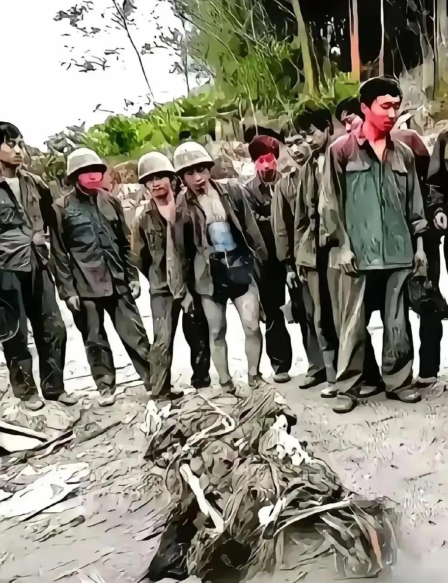 这是一张在老山战役中，某部刚从阵地抢运下来的一位烈士遗体的照片。照片中的这位烈士