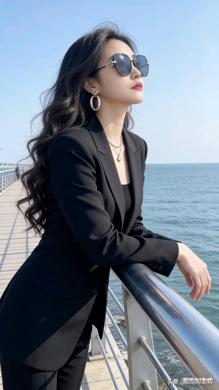海边的时尚女郎，黑色西装搭配大墨镜，优雅迷人！海边西装造型 西装墨镜穿搭