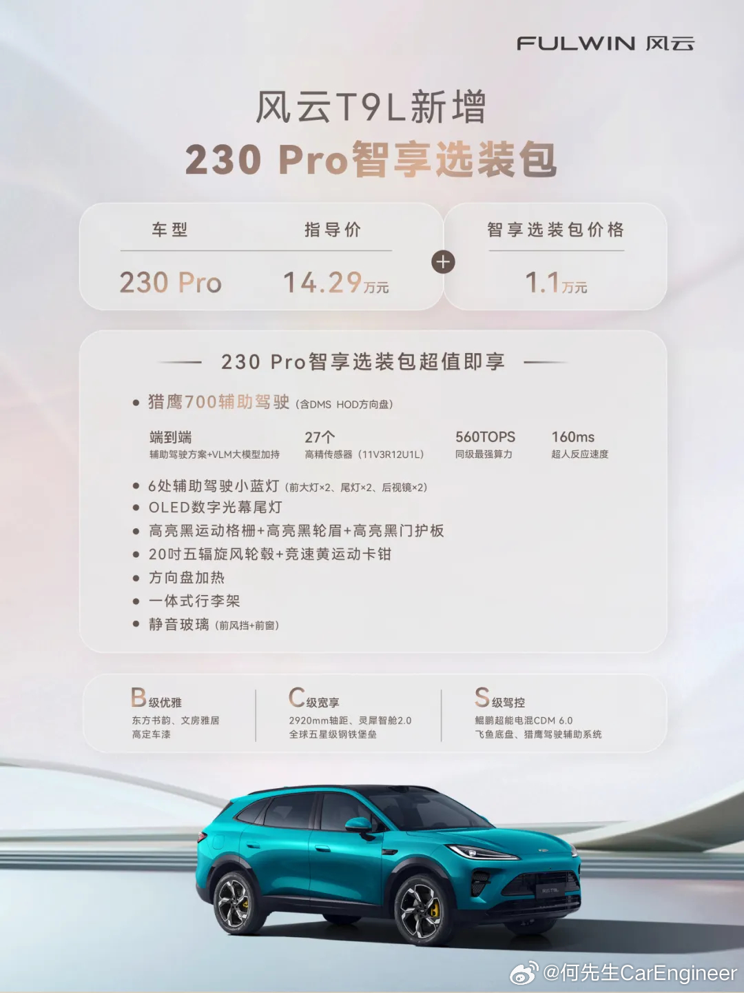 奇瑞风云T9L的230Pro版本，新增了地平线HSD辅助驾驶包，只要1.1万元。