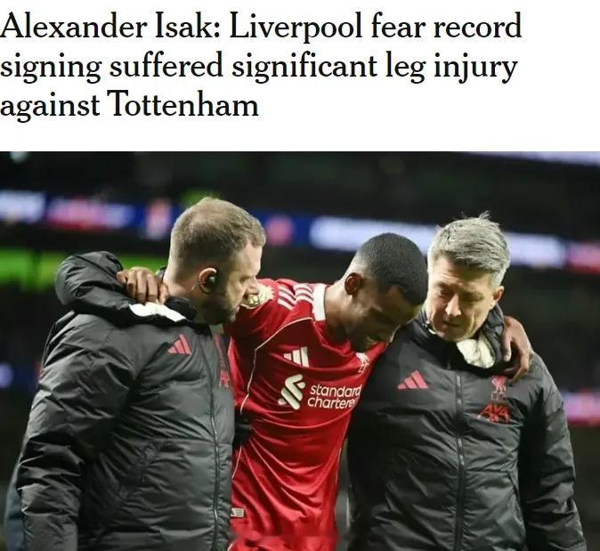 TA记者DO消息，利物浦担心伊萨克在对热刺的比赛中抢射进球时遭遇了重伤，目前的担