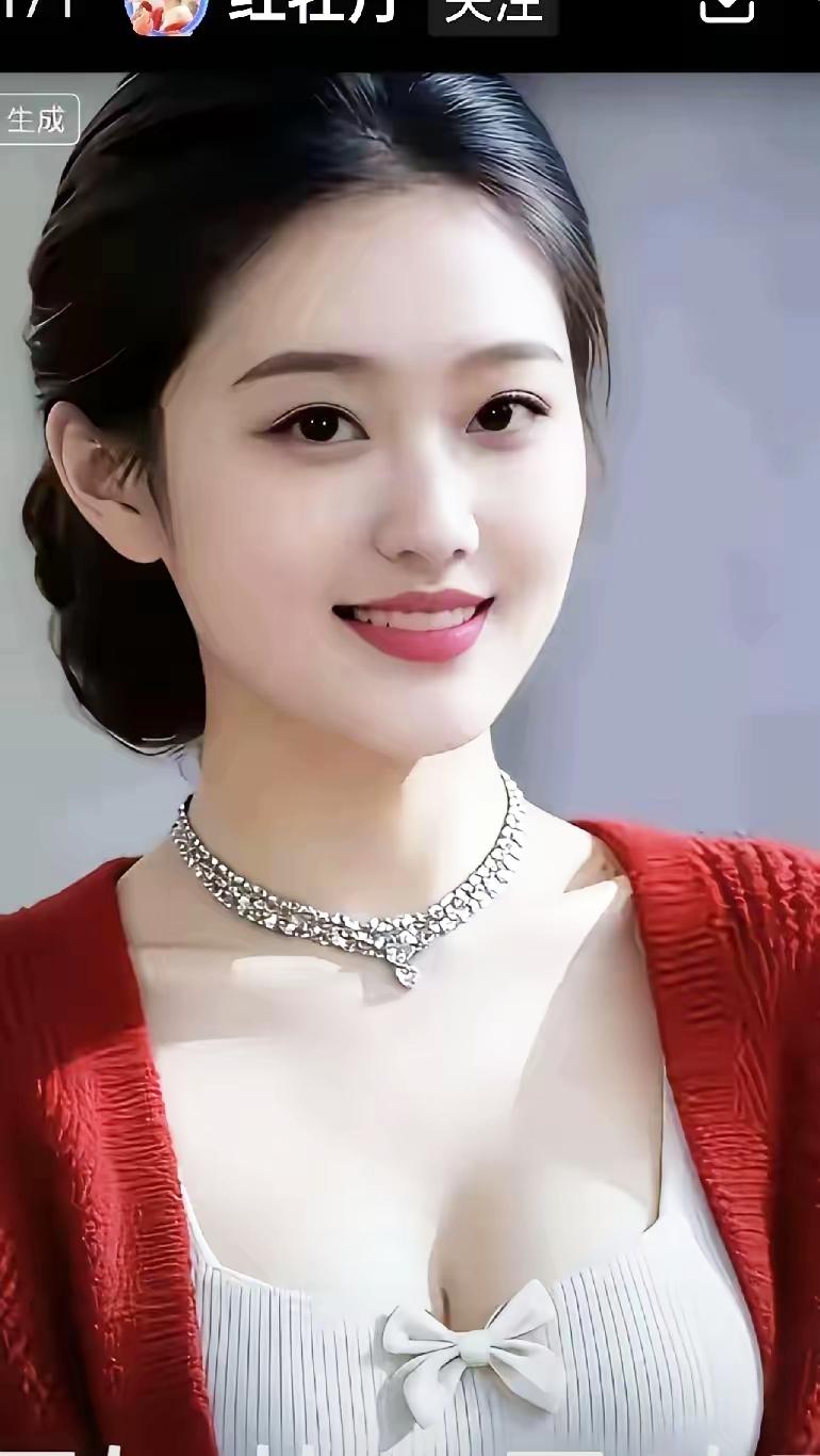 优雅红衣搭配，闪耀项链点缀，甜美笑容绽放！🌸✨