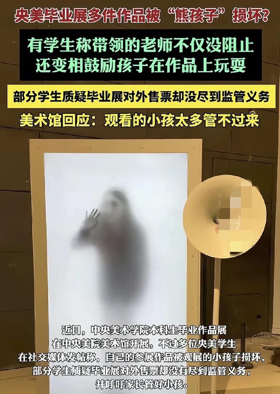 近日，中央美术学院毕业展被不少毕业生吐槽自己的作品被参展的小孩子弄坏，有的学生还