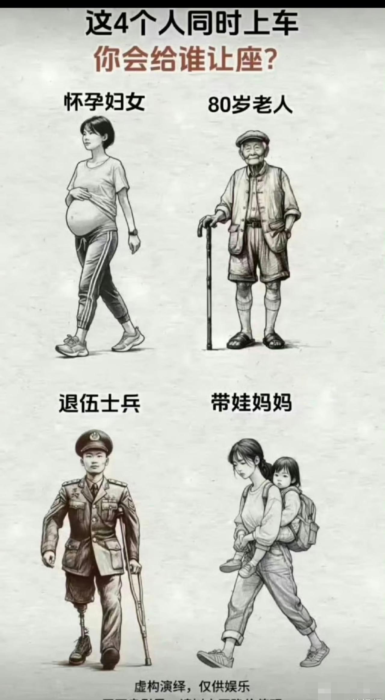换作是你，你会给谁让座？我感觉应该是退伍士兵吧？