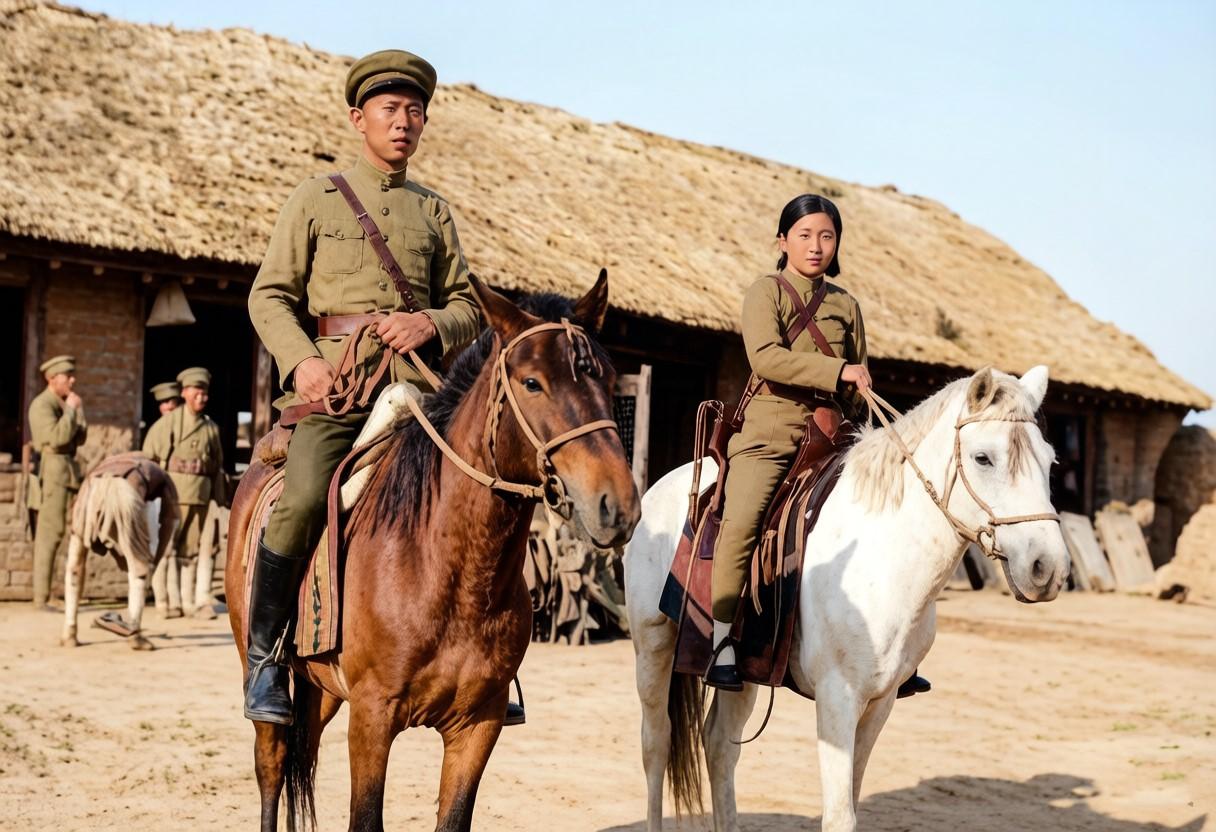 1932年，日寇铁蹄下的东北，骑在马上的两名伪满洲军，其中一个还是个年轻的女子，