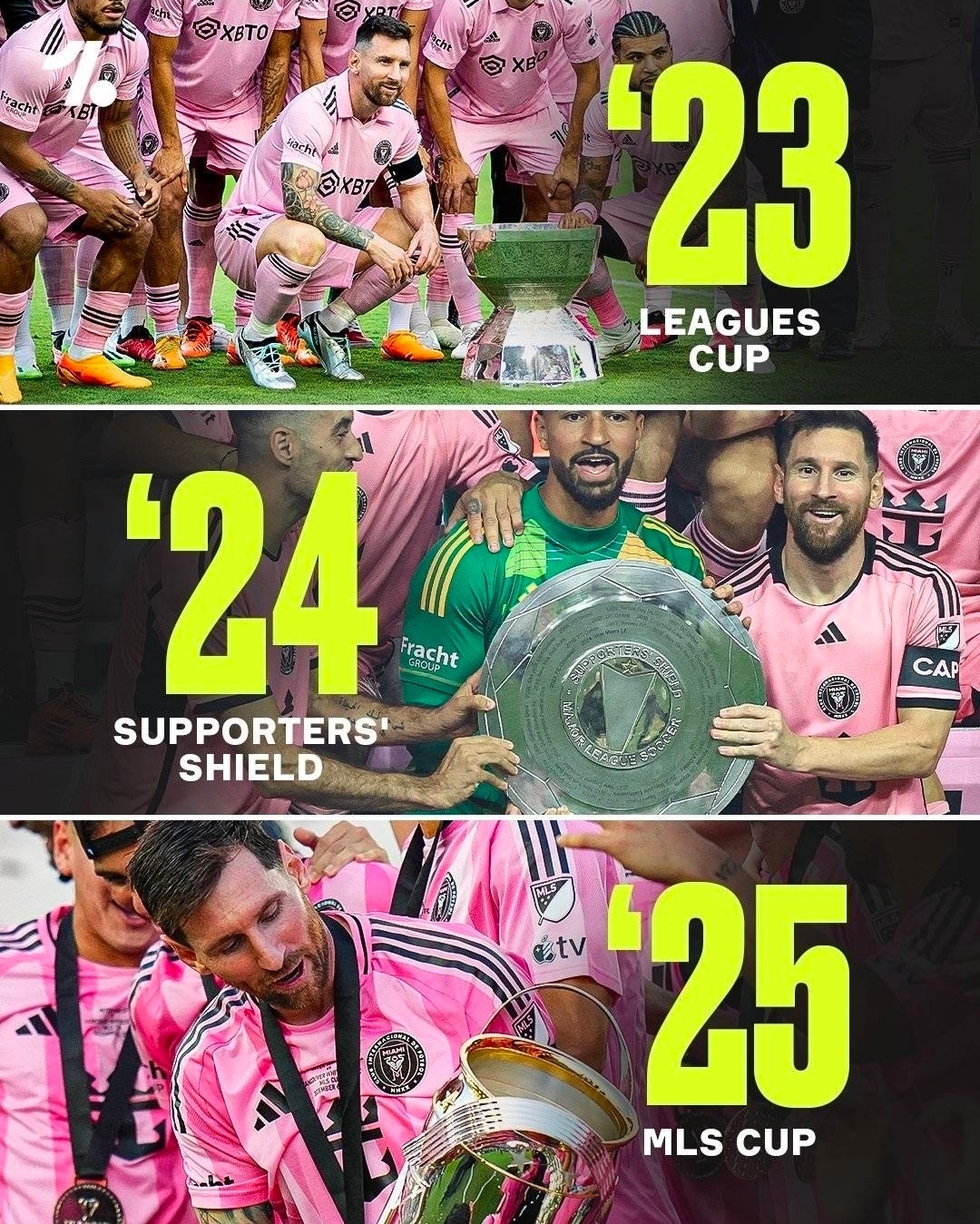 迈阿密国际首夺总冠军从联盟垫底到三年三冠！梅西用2年半书写逆袭传奇今日凌晨，美职