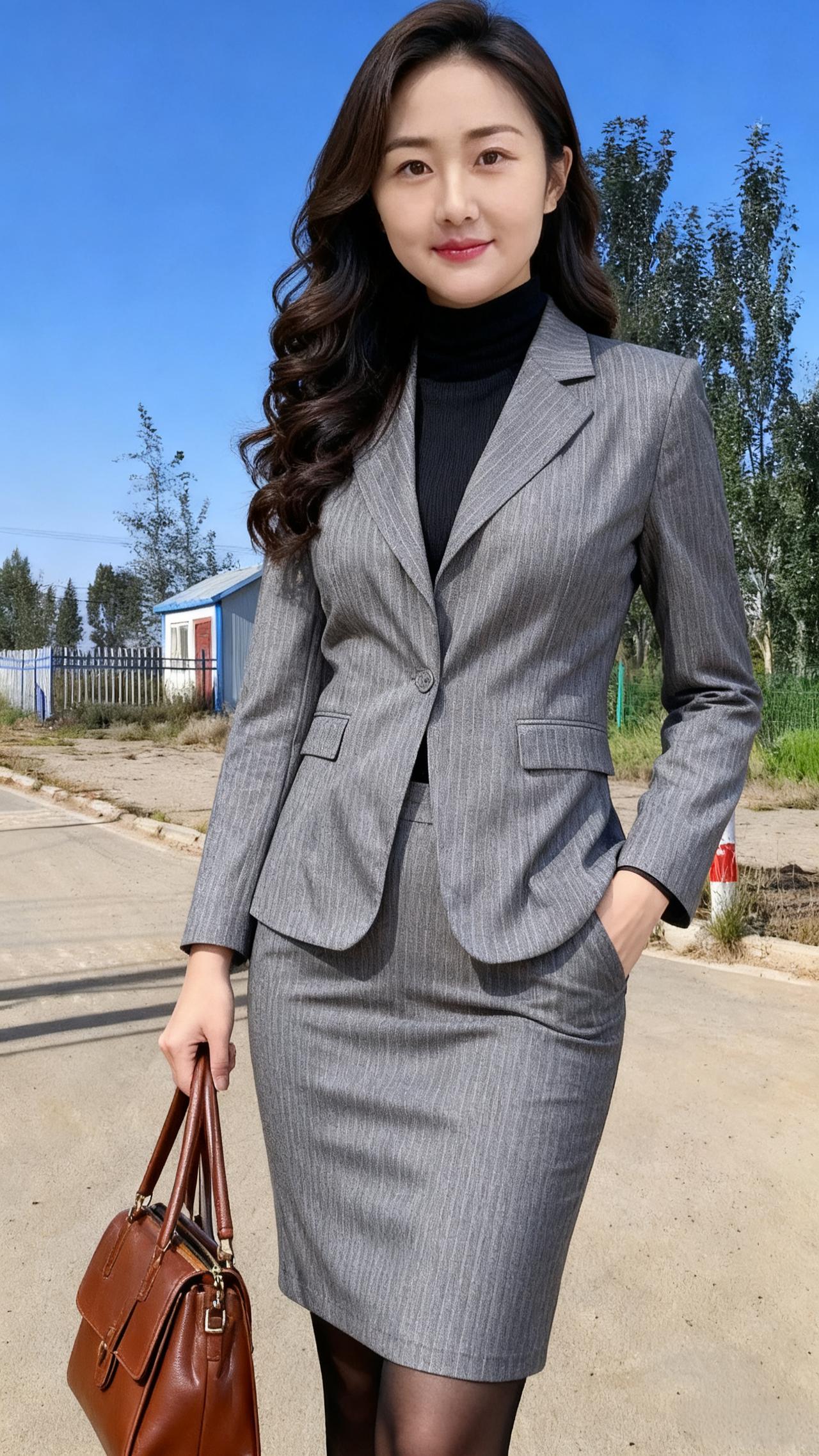 手拎香包脚踏风，倩女宛若行画中。
云鬓轻摇凝晓露，纤腰微摆拂芳丛。
裙裾漫卷沾花