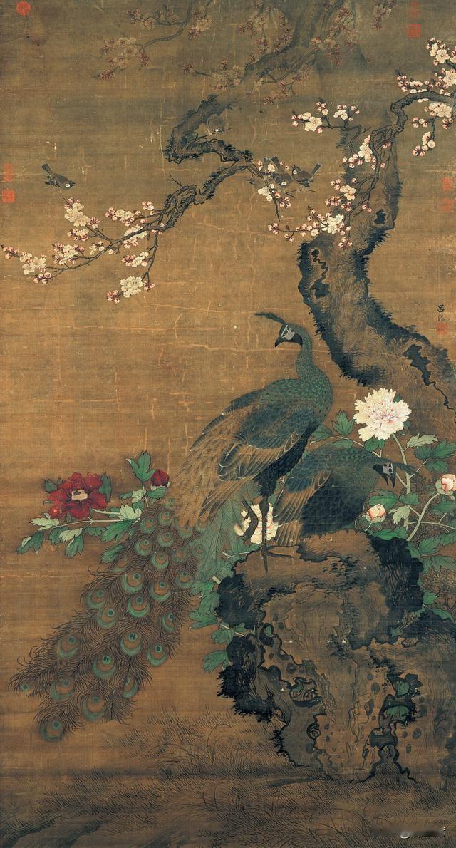 吕纪能靠院体花鸟绘画做到锦衣卫指挥衔位。
他画树枝用的是明代少见的拖墨法，边缘晕