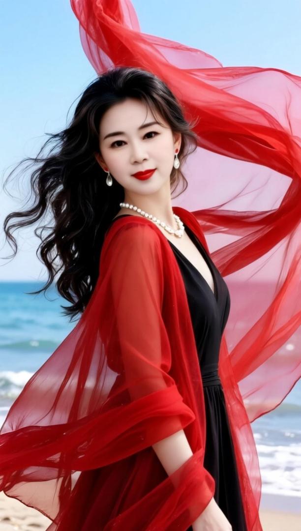 AI海畔红纱影