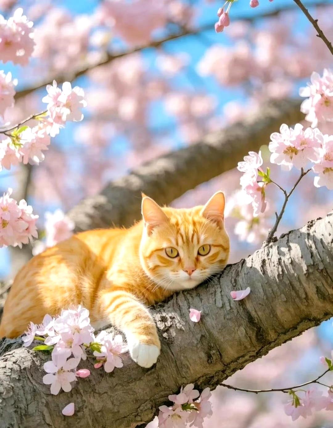 春日限定的温柔！！！当软乎乎的橘猫爬上花枝，当粉白花瓣落在它的毛上，整个春天都被